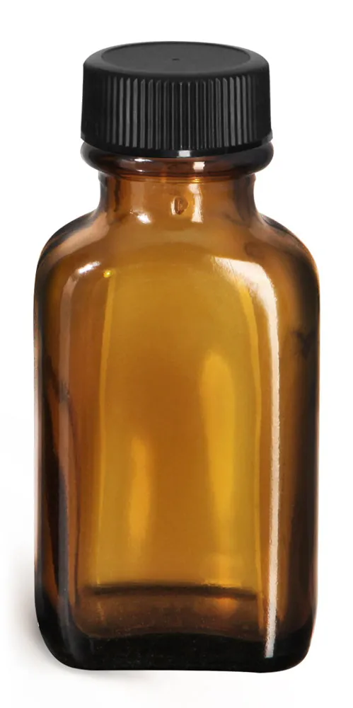 1 oz Glass Bottles, Amber Glass Oblong Bottles w/ Black Ribbed PE Lined Caps
