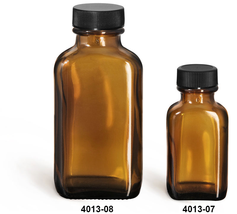 Glass Bottles, Amber Glass Oblong Bottles w/ Black Ribbed F217 Lined Caps