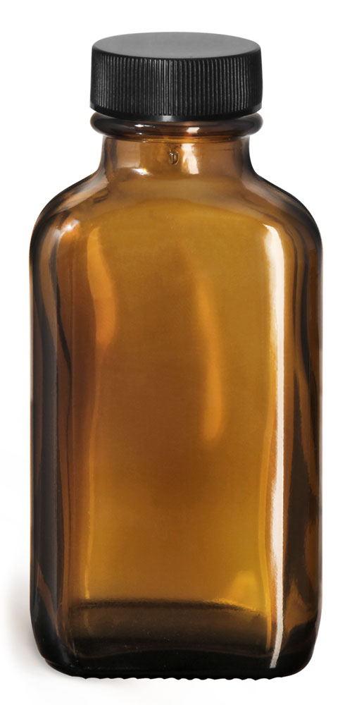 3 oz Glass Bottles, Amber Glass Oblong Bottles w/ Black Ribbed PE Lined Caps