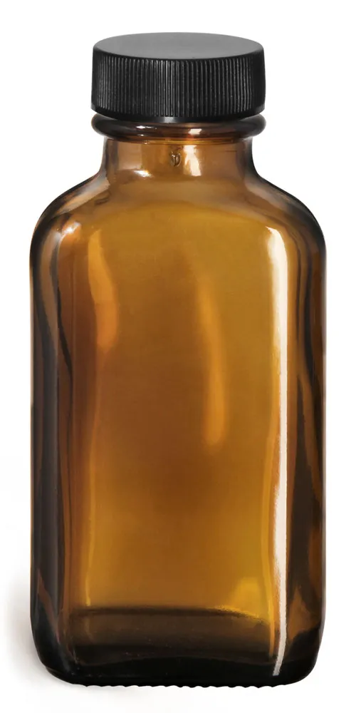 3 oz Glass Bottles, Amber Glass Oblong Bottles w/ Black Ribbed PE Lined Caps