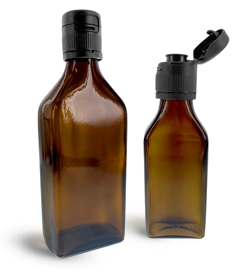 Amber Glass Oblong Flasks w/ Black Tamper Evident Flip-Top Pourer Caps  
