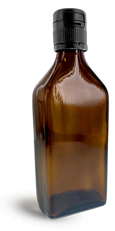 250 ml Amber Glass Oblong Flasks w/ Black Tamper Evident Flip-Top Pourer Caps