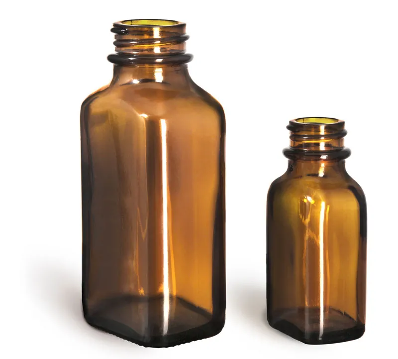 Amber Glass Oblong Bottles w/ Black Ribbed Phenolic Cone Lined Caps