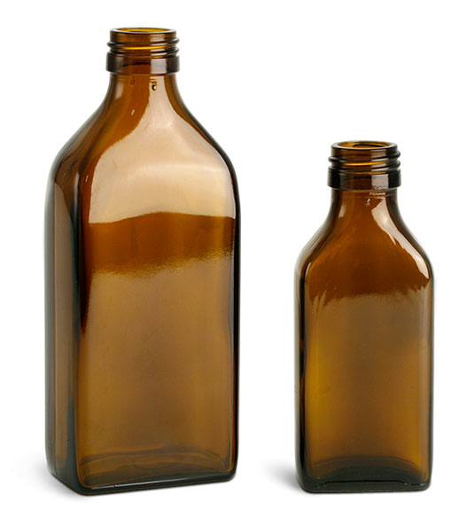 Amber Glass Oblong Flasks (Bulk), Caps NOT Included
