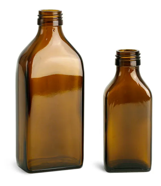 Amber Glass Oblong Flasks (Bulk), Caps NOT Included