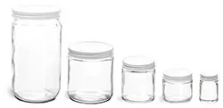 Clear Straight Sided Glass Jars w/ White Metal Plastisol Lined Caps