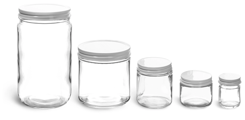 Clear Straight Sided Glass Jars w/ White Metal Plastisol Lined Caps