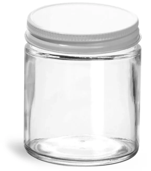 4 oz Clear Glass Jars w/ White Metal Plastisol Lined Caps