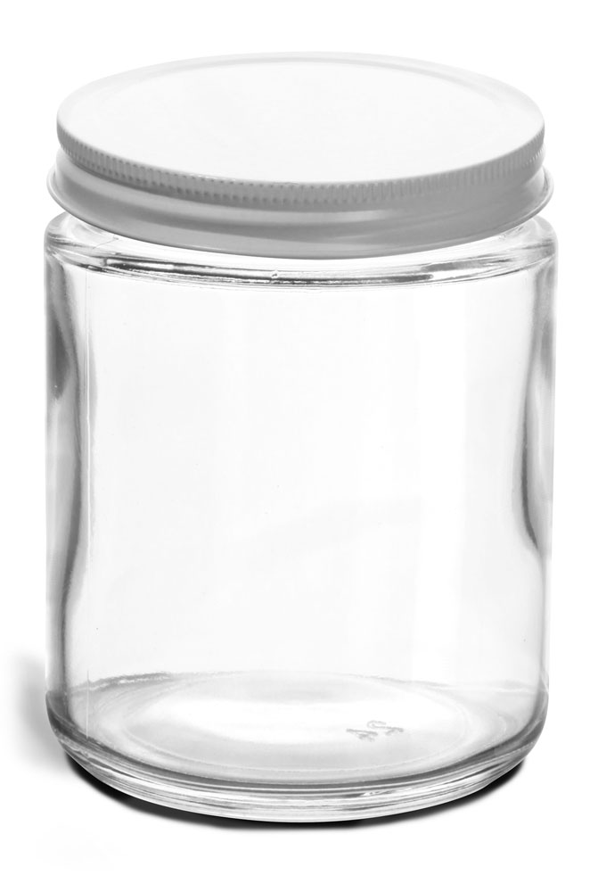 8 oz Clear Glass Jars w/ White Metal Plastisol Lined Caps