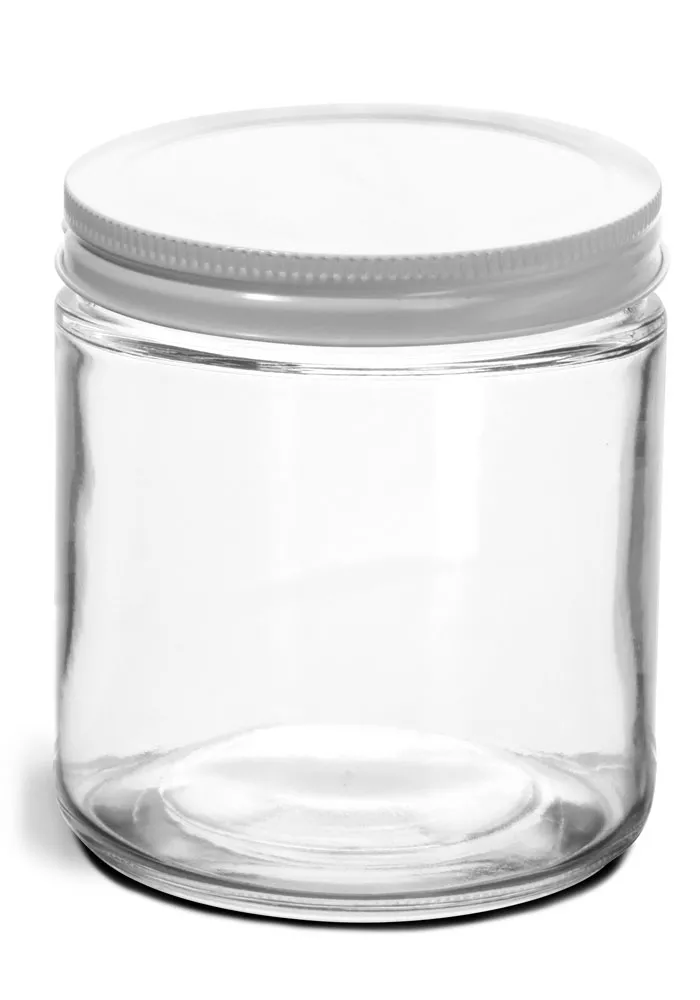 16 oz Clear Glass Jars w/ White Metal Plastisol Lined Caps