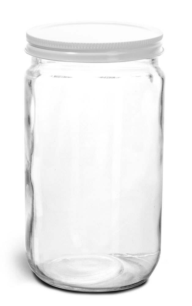 32 oz Clear Glass Jars w/ White Metal Plastisol Lined Caps
