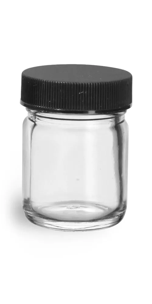 1 oz Clear Glass Jars w/ Lined Black Ribbed Plastic Caps