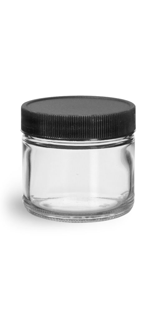 2 oz Clear Glass Jars w/ Lined Black Ribbed Plastic Caps