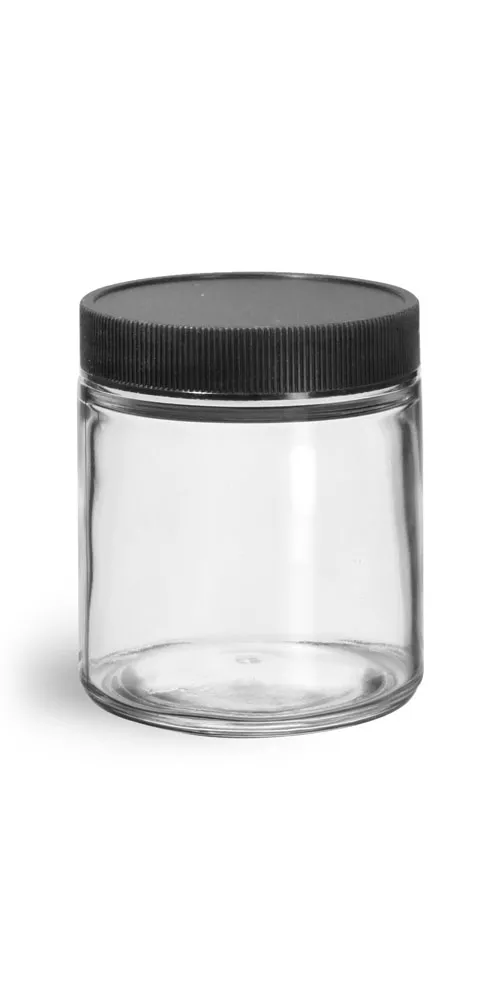 4 oz Clear Glass Jars w/ Lined Black Ribbed Plastic Caps