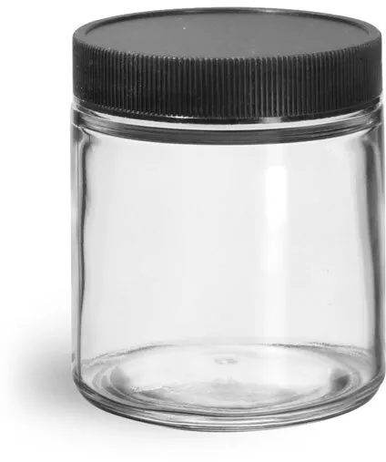 2 oz Clear Glass Jars w/ Lined Black Ribbed Plastic Caps