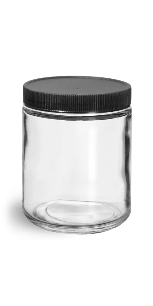 8 oz Clear Glass Jars w/ Lined Black Ribbed Plastic Caps
