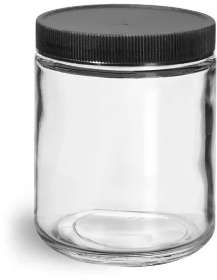 4 oz Clear Glass Jars w/ Lined Black Ribbed Plastic Caps
