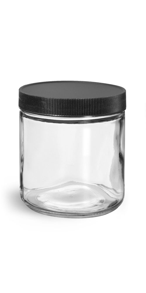 16 oz Clear Glass Jars w/ Lined Black Ribbed Plastic Caps