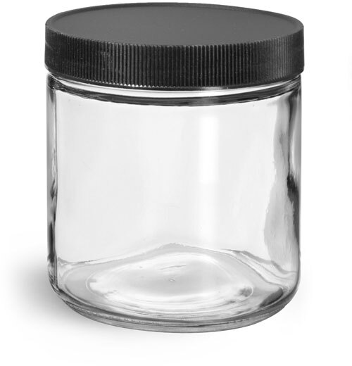 Sks Bottle And Packaging 16 Oz Clear Glass Jars W Lined Black Ribbed Plastic Caps 5881