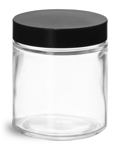 SKS Bottle & Packaging - 4 oz Clear Glass Jars w/ Black Phenolic Caps