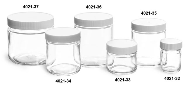 Clear Glass Jars, Clear Glass Jars w/ Lined White Plastic Ribbed Caps