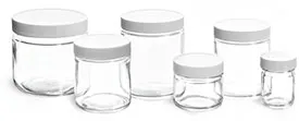 Clear Glass Jars, Clear Straight Sided Glass Jars w/ Lined White Plastic Ribbed Caps
