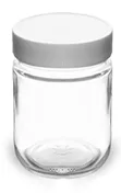 1 oz Clear Glass Jars w/ Lined White Plastic Ribbed Caps