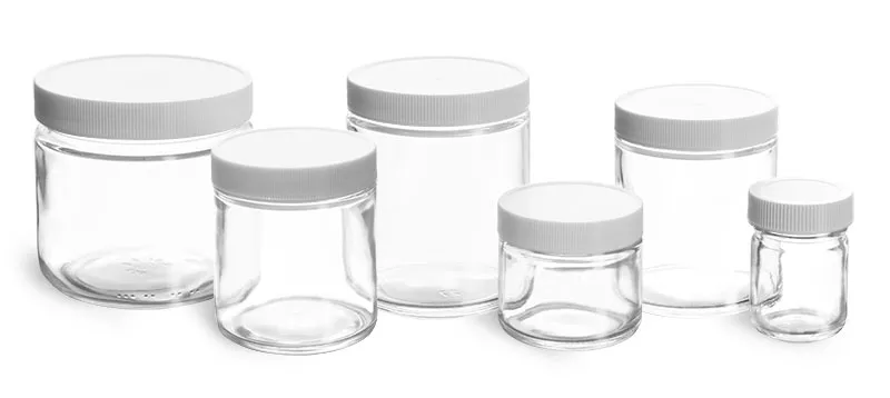 Clear Glass Jars, Clear Straight Sided Glass Jars w/ Lined White Plastic Ribbed Caps