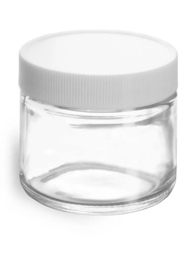 2 oz Clear Glass Jars w/ Lined White Plastic Ribbed Caps