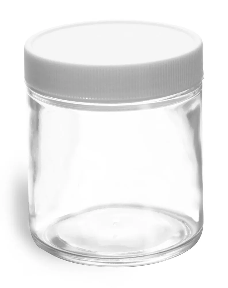4 oz Clear Glass Jars w/ Lined White Plastic Ribbed Caps