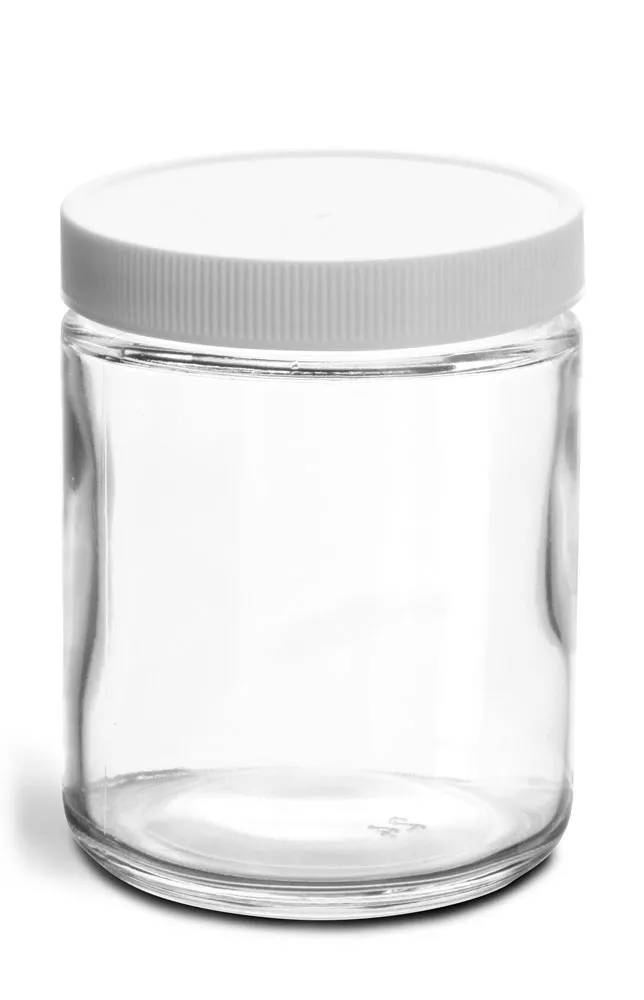 8 oz Clear Glass Jars w/ Lined White Plastic Ribbed Caps