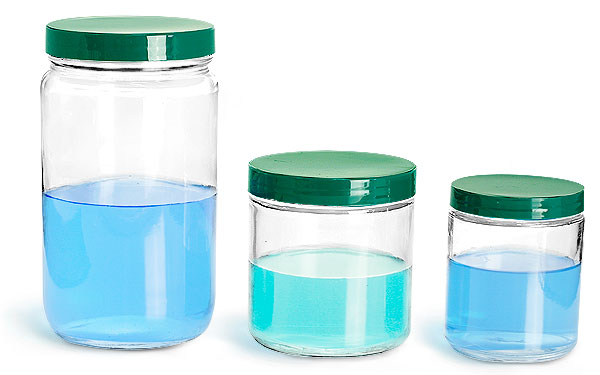 Clear Glass Wide Mouth Jars w/ Unlined Green Plastic Caps