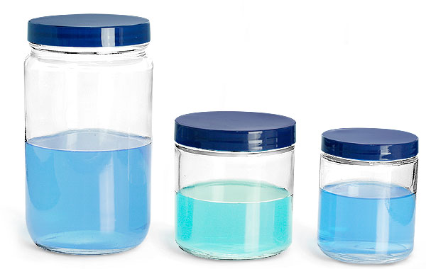 Clear Glass Wide Mouth Jars w/ Unlined Blue Plastic Caps