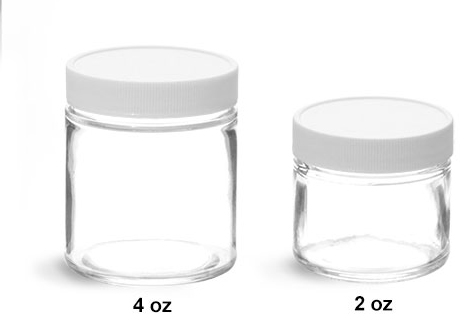 Clear Glass Jars, Clear Straight Sided Glass Jars w/ White Plastic Teflon Faced Lined Caps