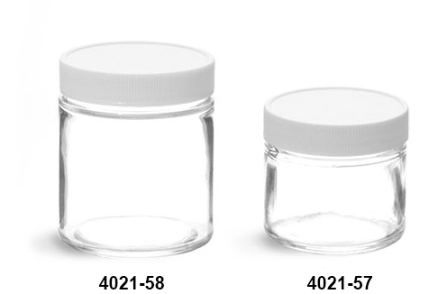 Clear Glass Jars, Clear Straight Sided Glass Jars w/ White Plastic Teflon Faced Lined Caps
