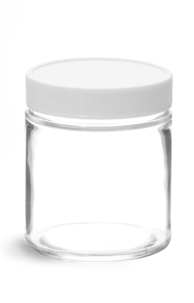 4 oz Clear Glass Straight Sided Jars w/ White Plastic Teflon Faced Lined Caps