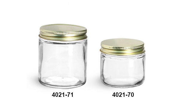 Clear Glass Jars, Clear Straight Sided Glass Jars w/ Plastisol Lined Gold Metal Caps