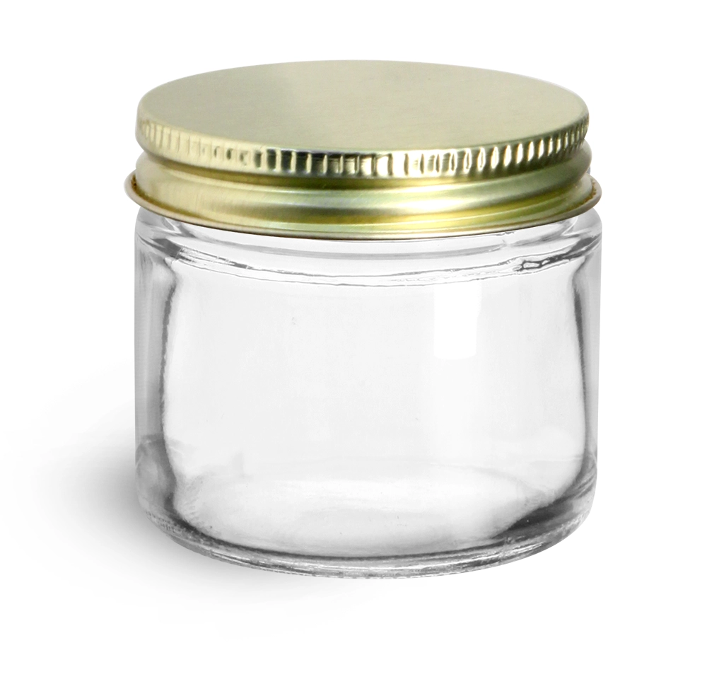 2 oz Clear Glass Jars w/ Plastisol Lined Gold Metal Caps