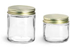 Clear Glass Jars, Clear Straight Sided Glass Jars w/ Plastisol Lined Gold Metal Caps