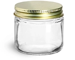 Clear Glass Jars, Clear Straight Sided Glass Jars w/ Plastisol Lined Gold Metal Caps