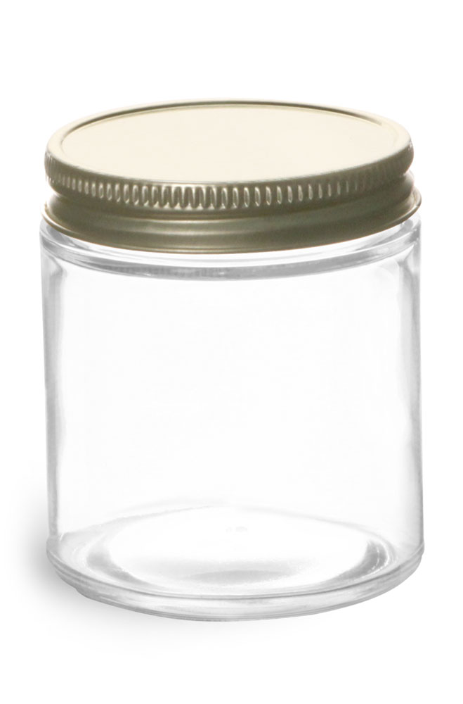 4 oz Clear Glass Jars w/ Plastisol Lined Gold Metal Caps