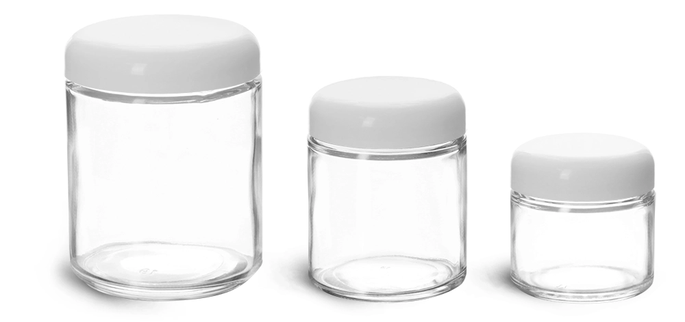 Clear Straight Sided Glass Jars w/ Lined White Plastic Dome Caps