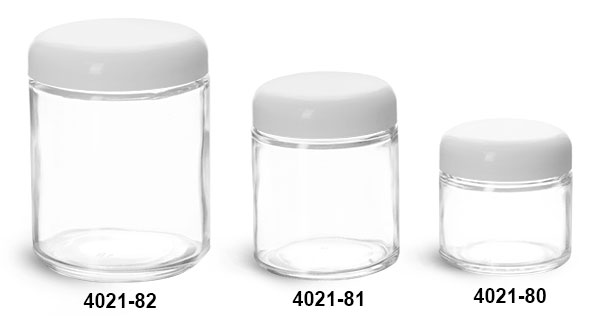 Clear Glass Jars, Clear Straight Sided Glass Jars w/ Lined White Plastic Dome Caps