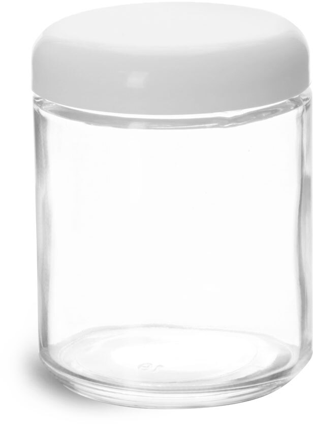 SKS Bottle & Packaging - 8 oz Clear Glass Jars w/ Lined White Plastic ...