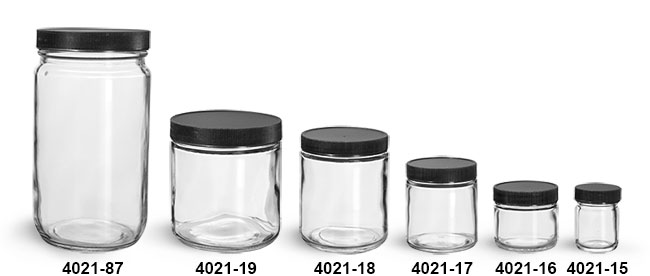 Clear Glass Jars, Clear Glass Jars w/ Lined Black Ribbed Plastic Caps