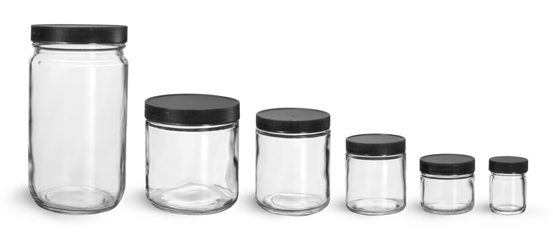Clear Glass Jars, Clear Straight Sided Glass Jars w/ Lined Black Ribbed Plastic Caps