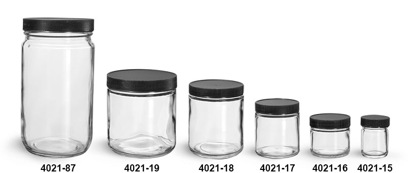 Clear Glass Jars, Clear Glass Jars w/ Lined Black Ribbed Plastic Caps
