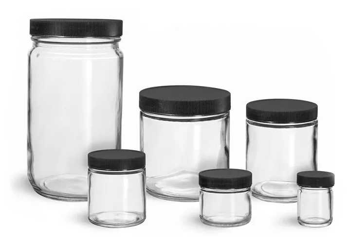 Clear Straight Sided Glass Jars w/ Lined Black Ribbed Plastic Caps