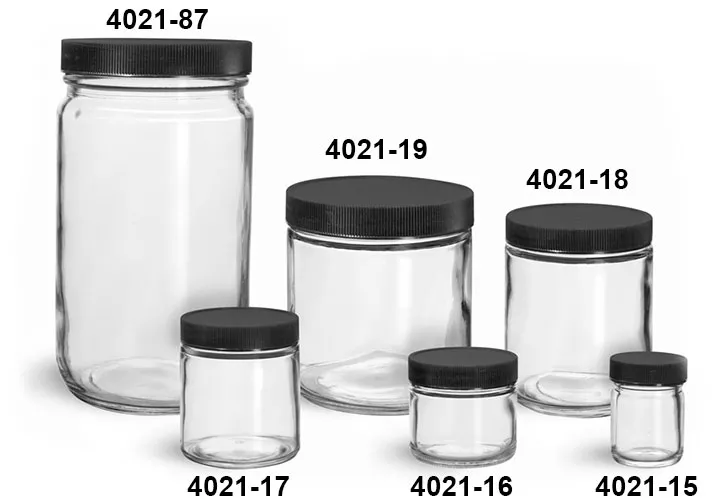 Clear Straight-Sided Glass Jars - 12 oz, Black Plastic Cap