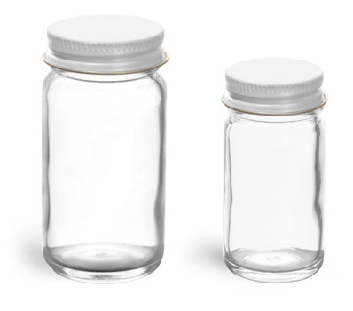 Clear Glass Jars, Clear Glass Paragon Jars w/ White Metal Foil Lined Caps